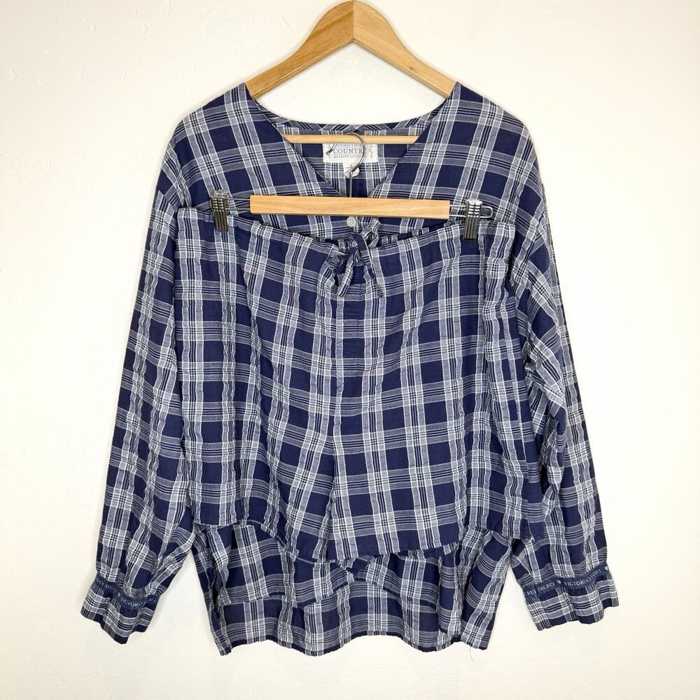 Vintage Victoria’s Secret Country Pajama Set Womens Large Boxy Navy Blue Plaid